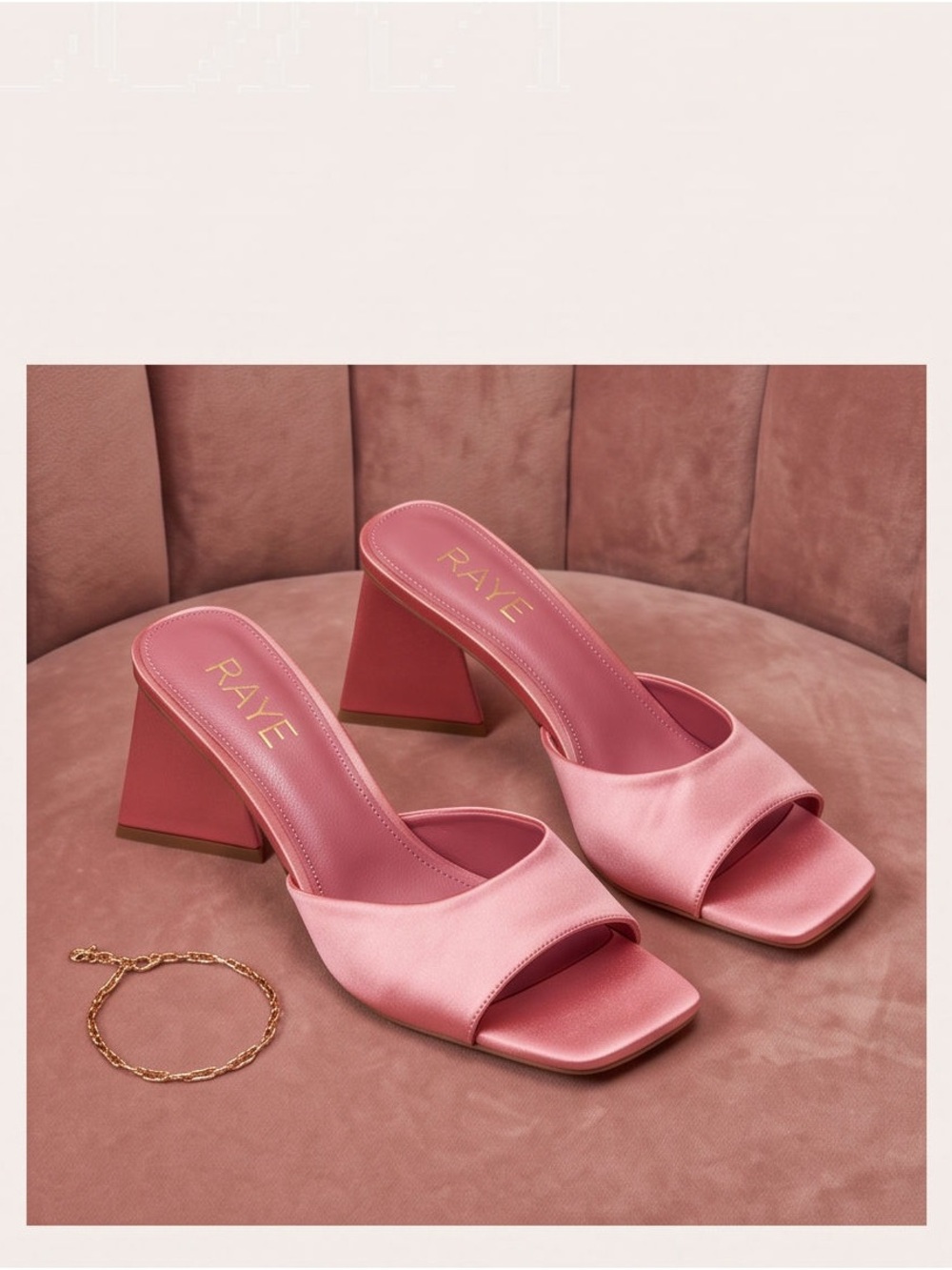 RAYE Blush Pink Satin Square-Toe Block Heel Mules